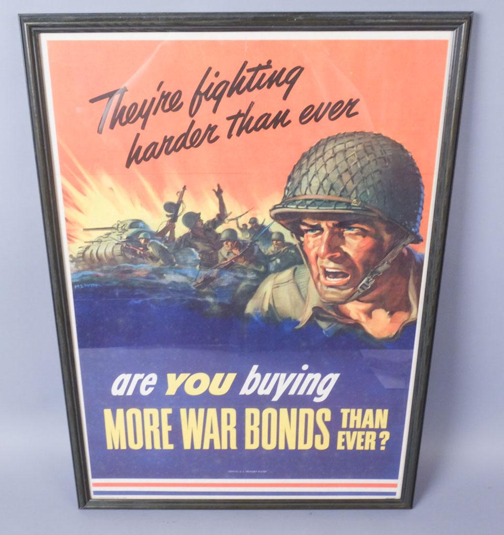 WW2 War Bonds Poster: Framed war bonds poster "They're fighting harder than ever are you buying more war bonds than ever?" "Official U.S. Treasury Poster" Bottom reads "U.S. Government printing Office: 1943-O-548549" "WFD-