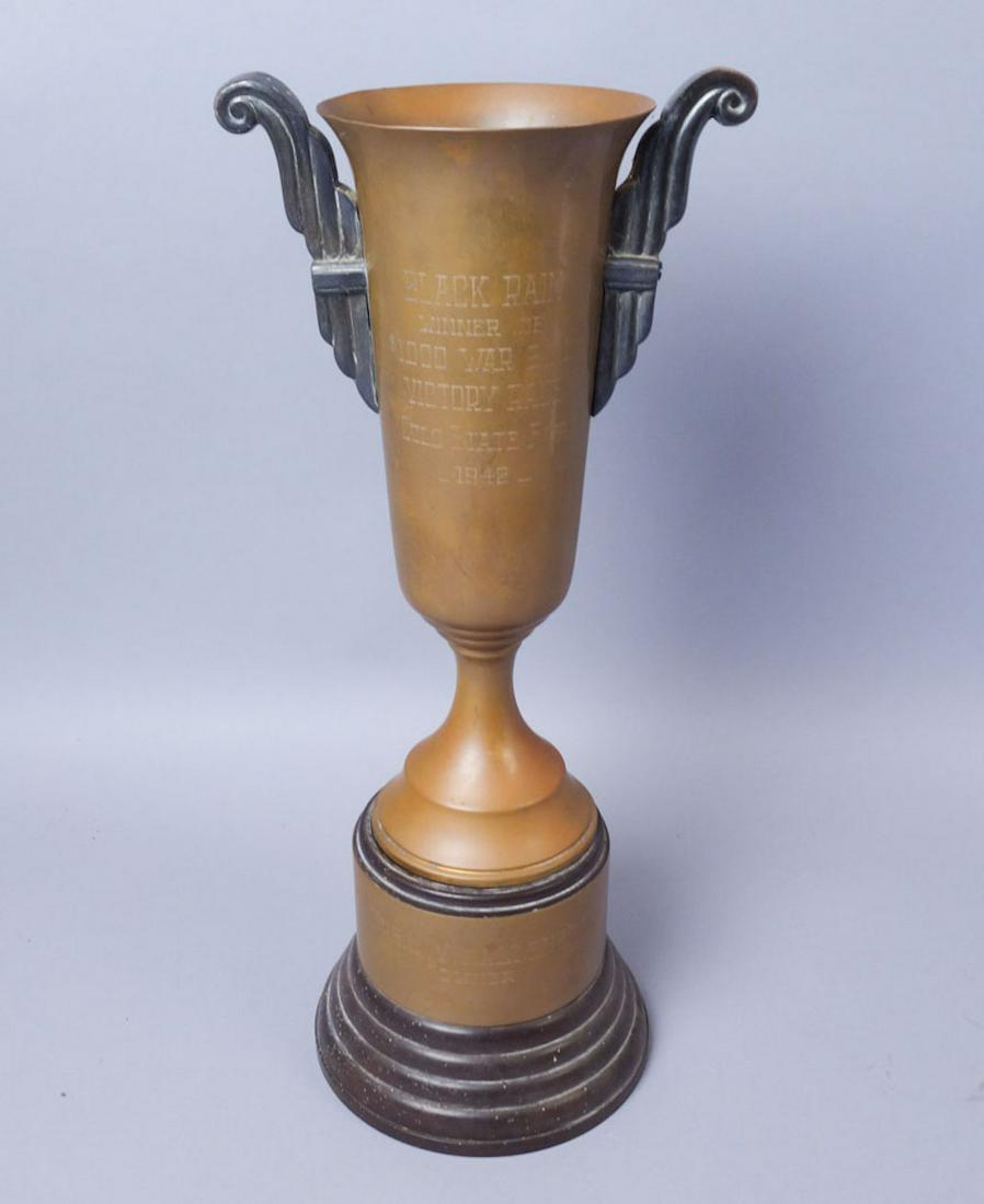 WW2 War Bonds Trophy: Etched "Black Rain Winner of 1,000 War bond victory race Colo State Fair 1942" "Mrs. CV Hallenbeck Owner" Inside "Dodge Inc. C No 5". 18 1/2"x8 1/4
