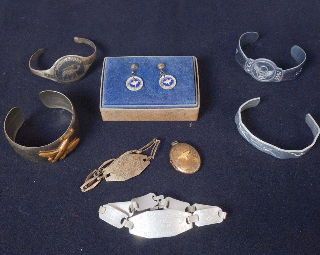 Lot of Assorted Bracelets, Earrings: 1 pair Air Training Command dangle earrings, box reads: "From Verney[?] 1954 from Lockland A.F.B. San Antonio, Texas" 1 AAF locket, no chain, empty. 1 niello bracelet, "Eleanor 1944 Iran" features a m