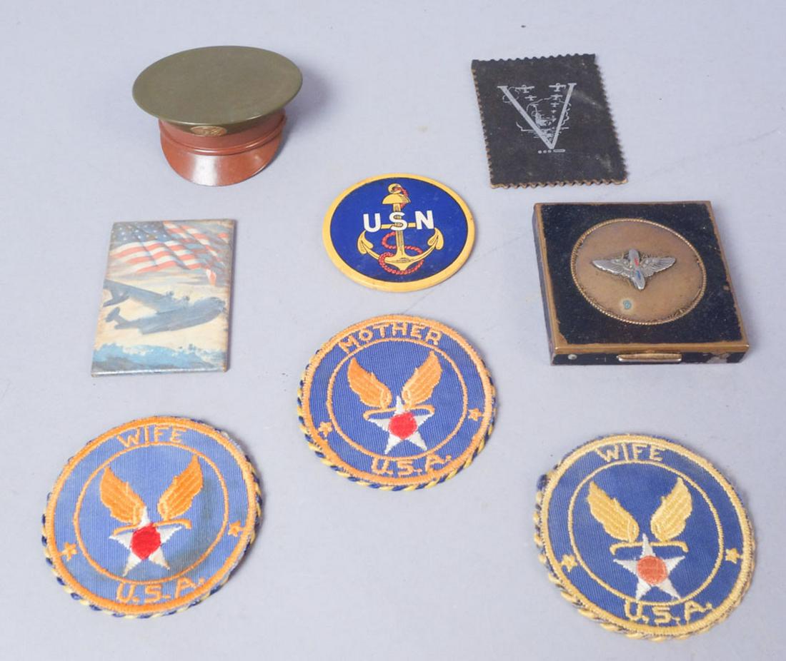 Lot Military Themed Hand Mirrors: Plastic, paper, and metal backings or cases for these mirrors. 1 officer's cap pocket mirror, one AAF pocket mirror, 3 embroidery-backed mirrors, 1 USN hand mirror, 1 airplane painting hand mirror. 2 