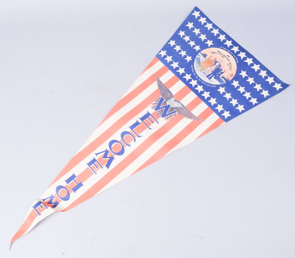 Welcome Home Banner: Paper pennant. Top says, "We thank thee for the victory. God Bless you all my Boys and Girls." "Well Done my Boys". Bottom says "Copyrighted 1945 B. P. Bonter 30 W. Harrison St. Chicago 5, Illinois Te