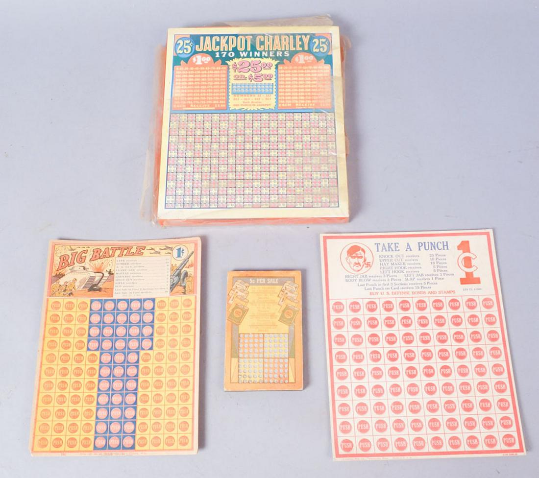 Lot of WW2 Lottery Ticket Boards: Four Lottery style paper and wood boards. Small wooden board labeled "5c per sale/no.10 receives 60 cigarettes/nos. 30, 40, receive 40 cigarettes/nos. 5, 15, 25, 35, 45, 55, 65 receive 20 cigarettes/ 