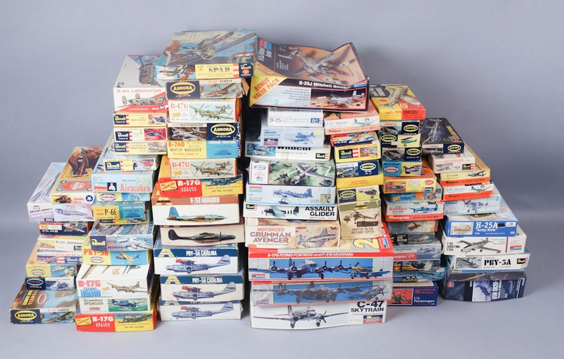 Lot of 76 Plastic Military Aircraft Model Kits: 76 plastic models from various dates and makers. Shortest Model 7 1/8" x 4 5/8" x 1" Longest Model 20" x 14" x 3 1/2"
