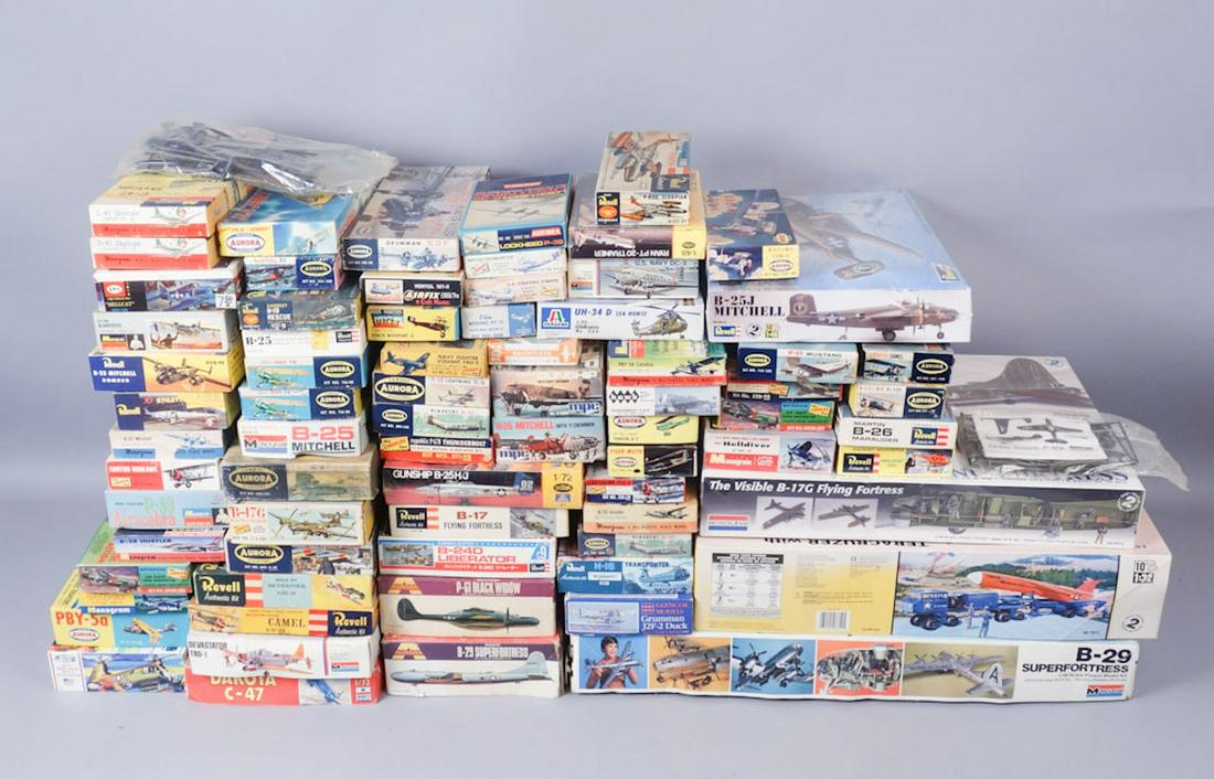 Lot of 75 Plastic Military Aircraft Model Kits: 75 plastic models from various dates and makers. Shortest model 7 1/4" x 4 1/2" x 1 1/8" Longest Model 26 1/2" x 14" x 3 1/4"