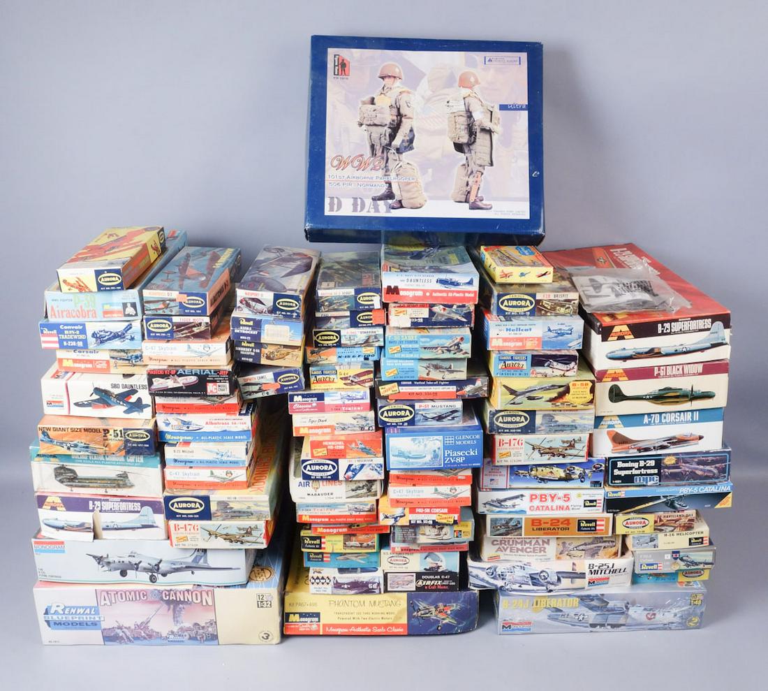 Lot of 77 Plastic Military Aircraft Model Kits: 77 plastic models from various dates and makers. Shortest model 6 1/4" x 3 3/4" x 1" longest model 19 1/8" x 13 1/4" x 3"
