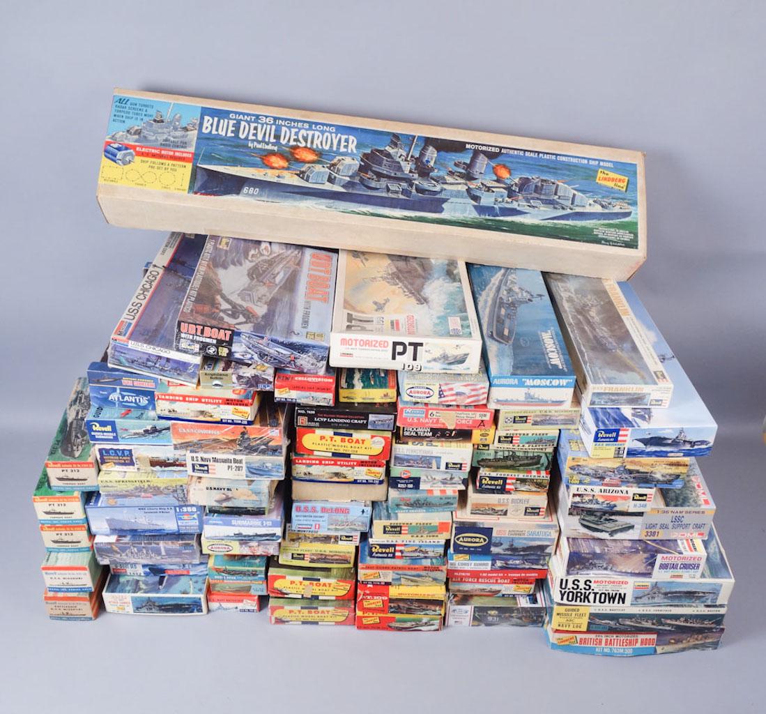 Lot of 70 Plastic Military Boat Model Kits: 70 plastic models from various dates and makers. shortest model 6 1/4" x 3 3/4" x 1" longest model 78" x 8 1/2" x 4 1/4"