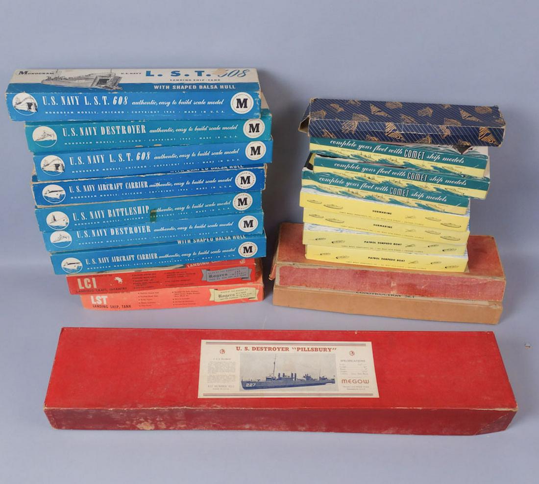 Lot of 25 Wooden Military Boat Model Kits: 25 wooden models from various dates and makers. Shortest Model 13 1/4" x 3 3/4" longest model 32 7/8" x 6 7/8"