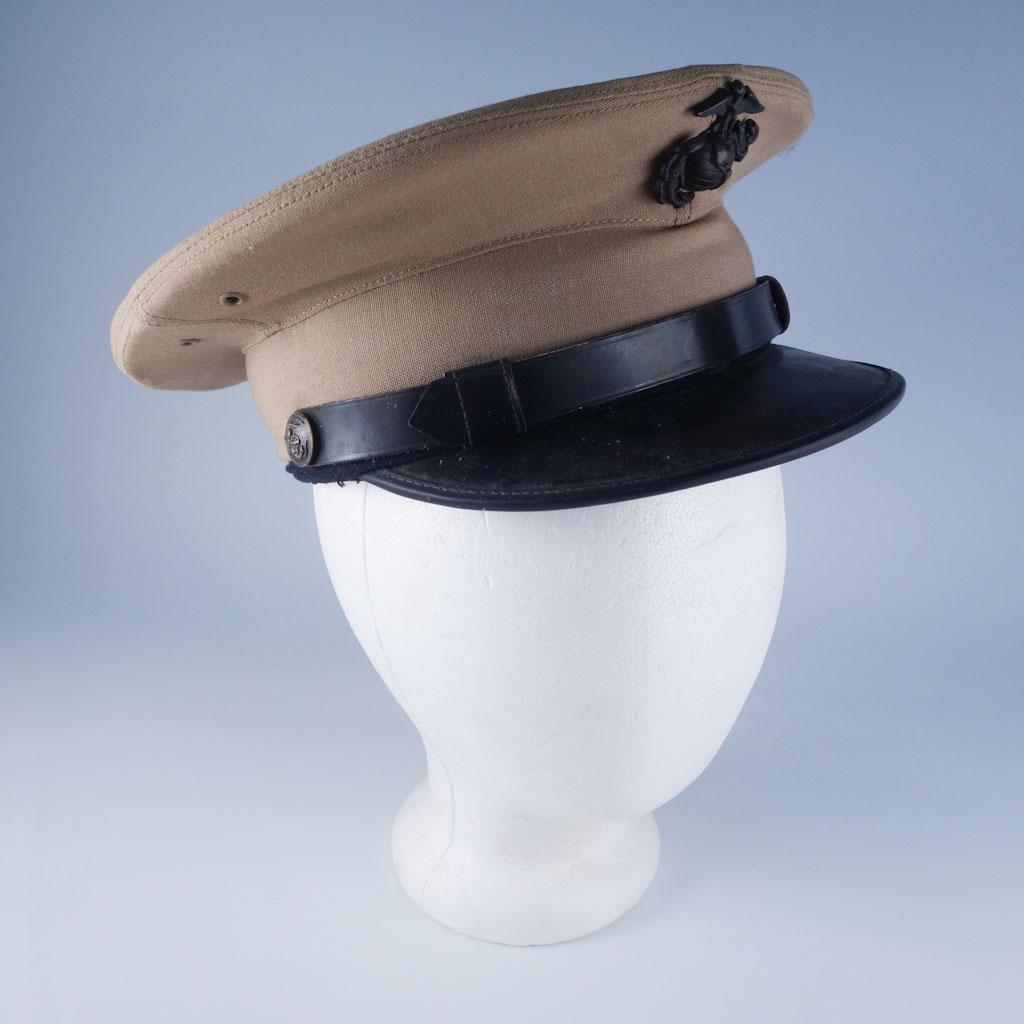 WW2 USMC Enlisted Cap: Khaki USMC officer cap with white cloth liner. US Size 6 7/8