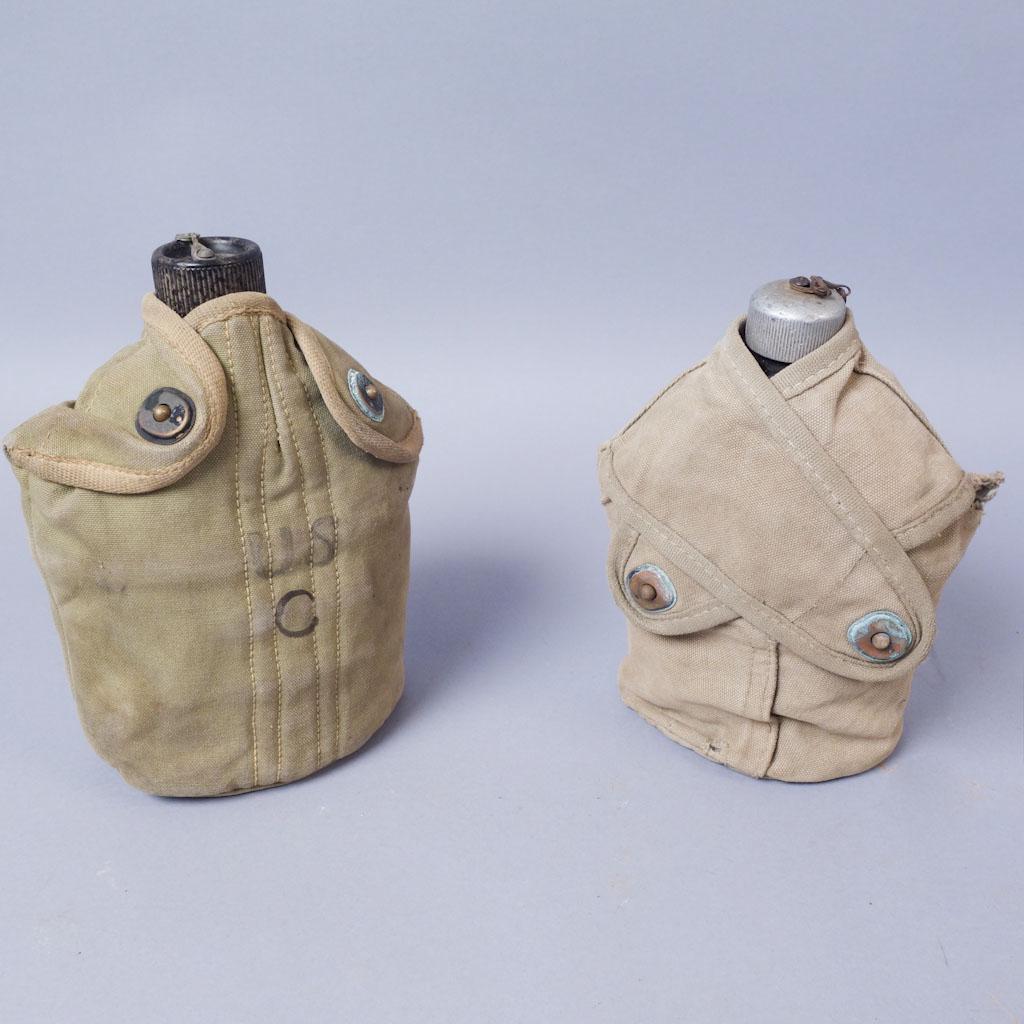 Lot of 2 WW2 Canteens with Covers: First Canteen: Comes with cup marked "U.S. A.G. M. Co. 1944" Cover marked "M.W. [illegible] 1944 British Made" Second Canteen: Marked U.S. Ref 1942" on bottom. First canteen: 8"x5" Second canteen: 7 1