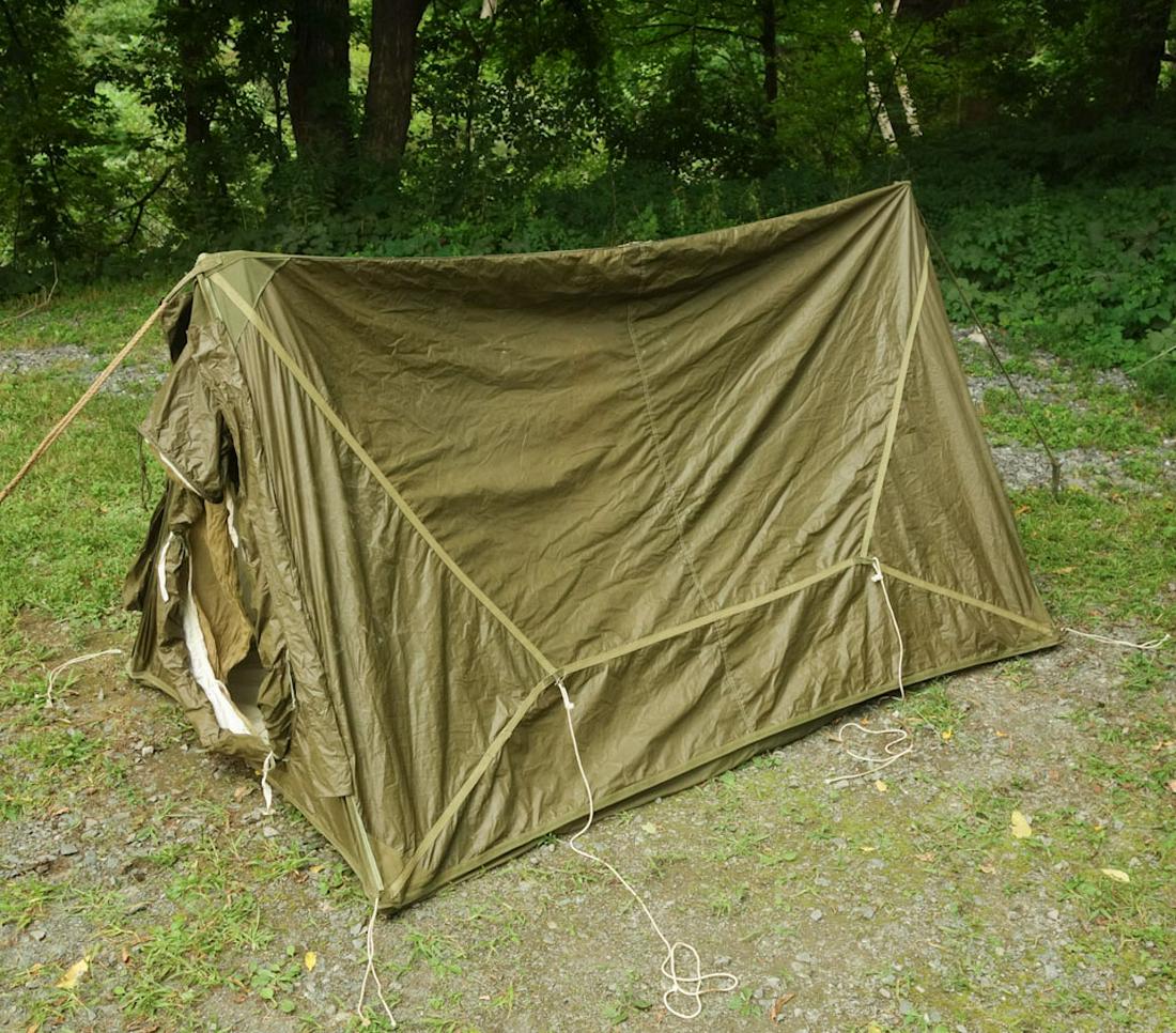 WW2 US Army Field Tent 10th Mountain Division: Nylon tent with stakes and poles. Requisition tag marked "10th Mountain Div. 1st Batt. Fort Lewis, Washington. USA" addressed to Captain T. Jenkins. 84"x50"