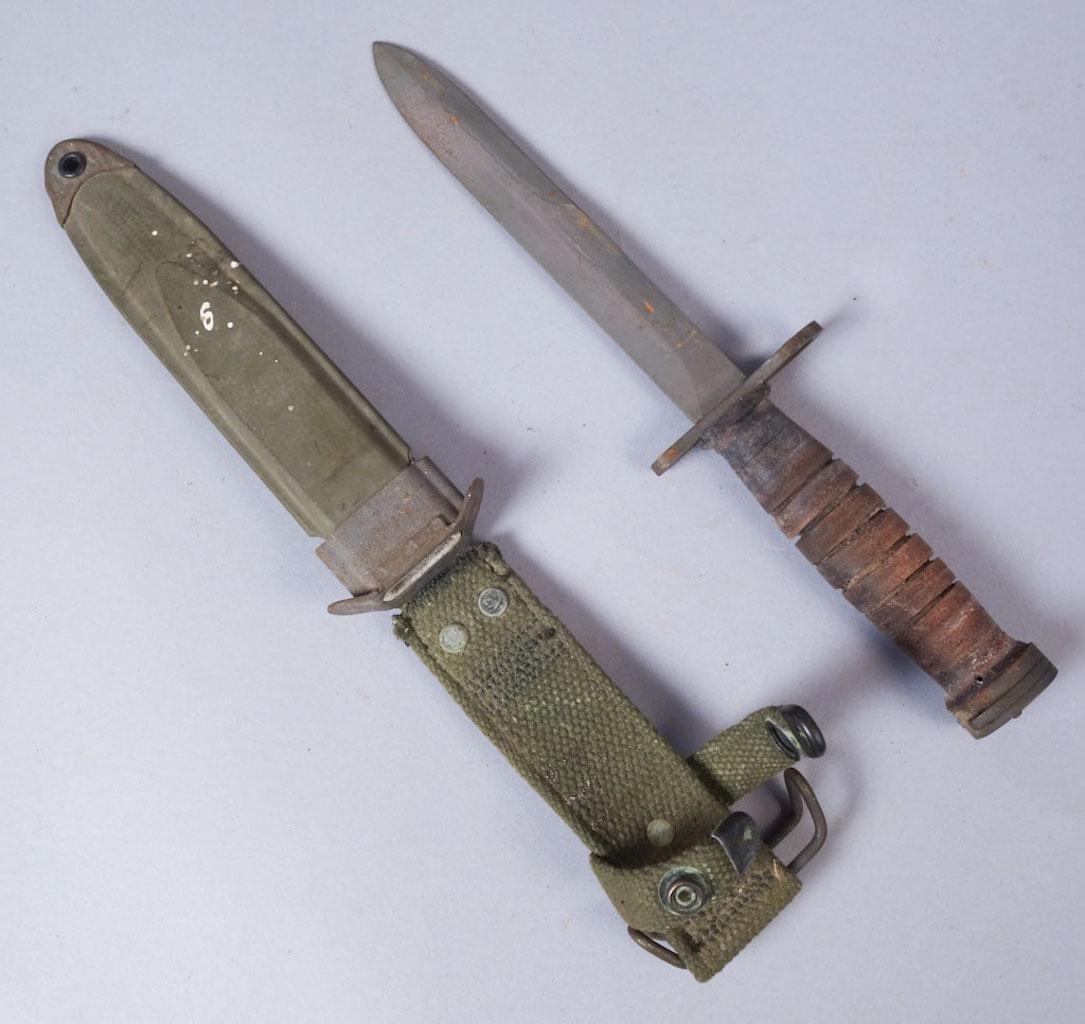 WW2 US M-4 Bayonet Knife: US M-4 bayonet Knife with sheath. Marked "US M-4 Utica" on cross bar. Marked "S" on pommel. Total 11 5/8", blade 6 3/4"