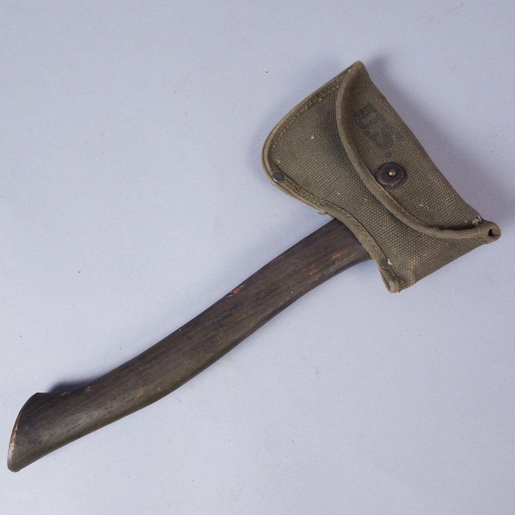 WW2 US Army Hatchet: US Army Hatchet with canvas cover, marked "US Army". Total 14", Head 5", Edge 3 1/8"