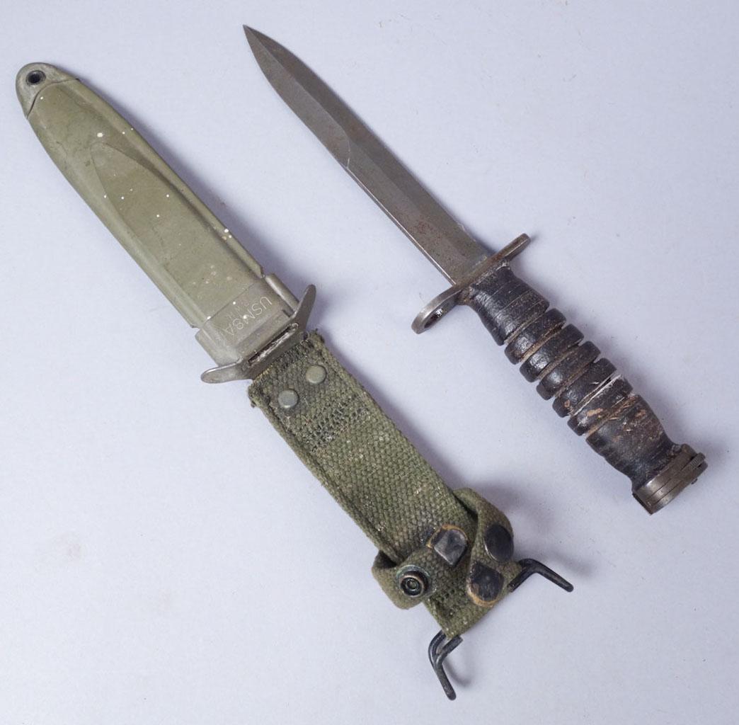 US M-4 Bayonet Knife: US M4 bayonet with sheath. Stamped "Utica, S 120". Sheath stamped "US M8A1 PWH" Total 11 5/8", blade 6 3/4"