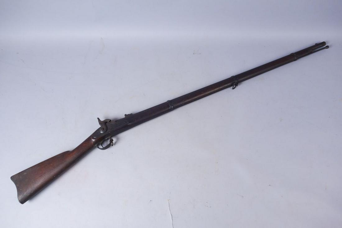 Civil War US Springfield Model 1864 Percussion Musket: Model 1864 Springfield Rifle Percussion Musket. Lock plate stamped "US Springfield 1864" with US Eagle crest. No other marks on rifle. Slight material loss to stock near end of barrel. Overall length 