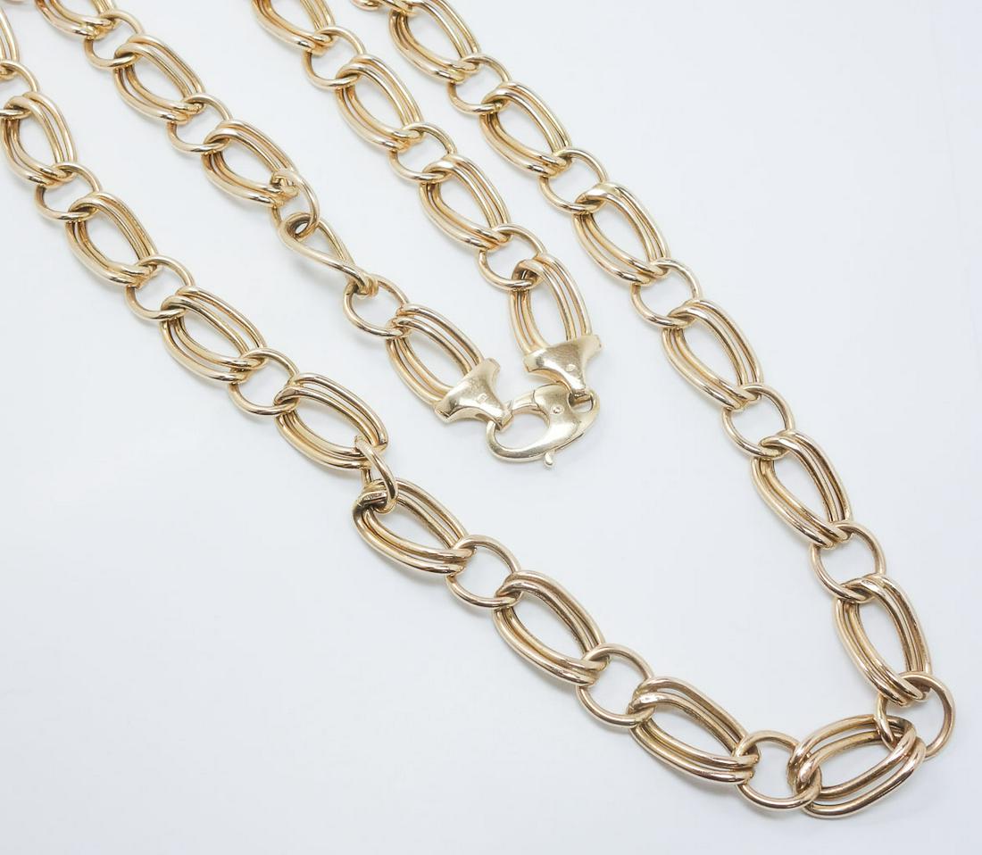 Vintage 28" Large Link 14k Gold Necklace Italy 52.2g: This is a vintage ladies link necklace. Rendered in fine 14k gold, this necklace features alternating single and double links. The clasp is stamped "Italy", "WB", and 14k. This necklace weighs a total