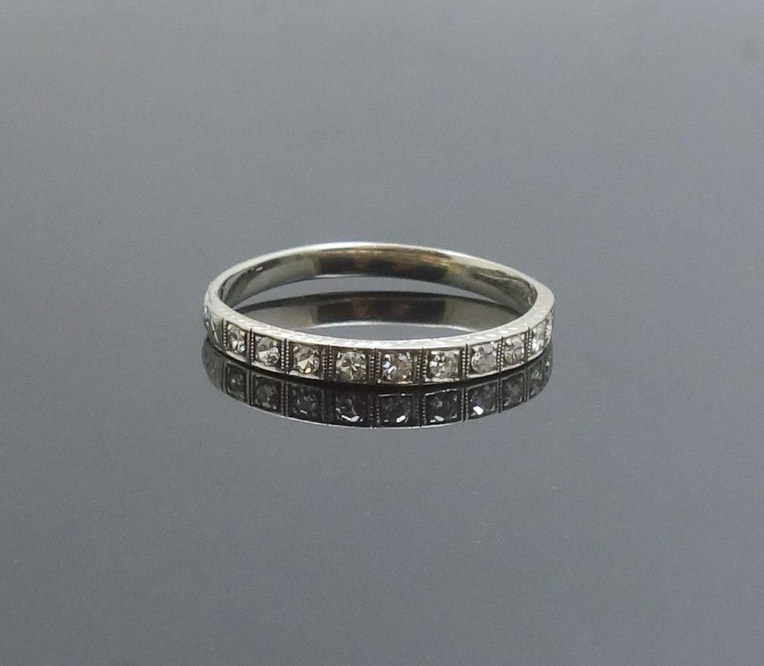 Art Deco 1930s 18k White Gold Diamond Ring: This is an estate found vintage ring band dating to the 1930s. Rendered in fine 18k white gold, this band features 10 single cut diamonds of VS clarity and G-H color. Size 8.5US. Marked for 18k gold. 