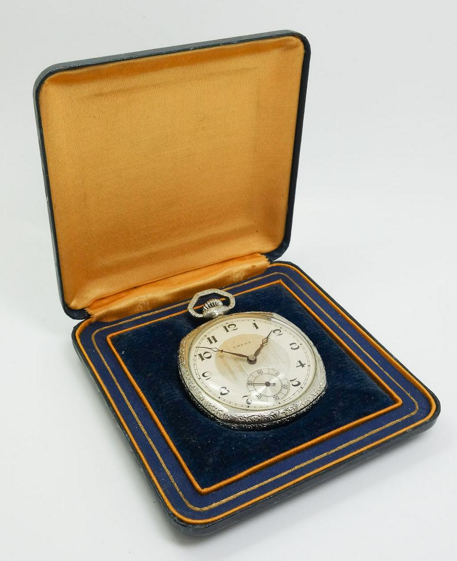 Antique Crest 17j Art Deco Pocket Watch Original Box: This is a vintage Art Deco white gold filled Crest pocket watch. Cased in the original fitted box, this watch has 17 jewels and the movement is numbered 22988. Adjusted two positions. The watch is 2 1