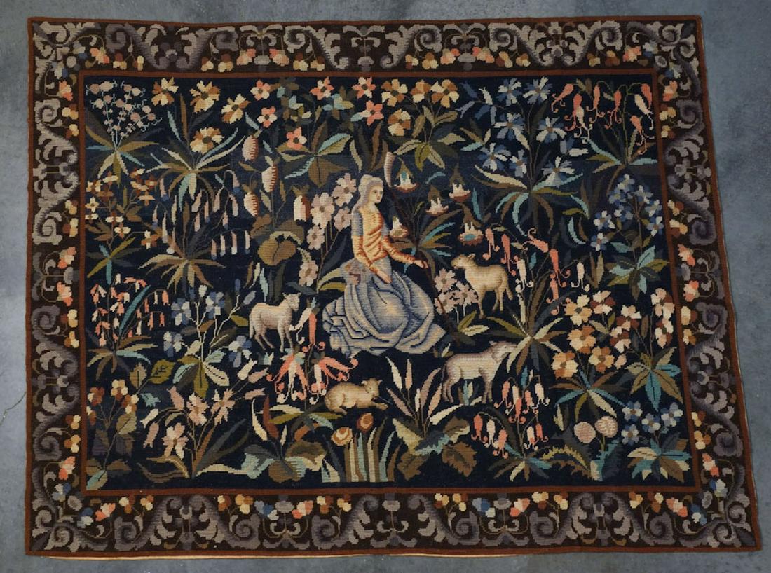 Antique Renaissance Woman/Garden Needlepoint Tapestry: This is a stunning estate found antique handmade needlepoint wall hanging dating to the 19th century. The needlepoint hanging features a Renaissance scene with a maiden surrounded by lambs and floral 