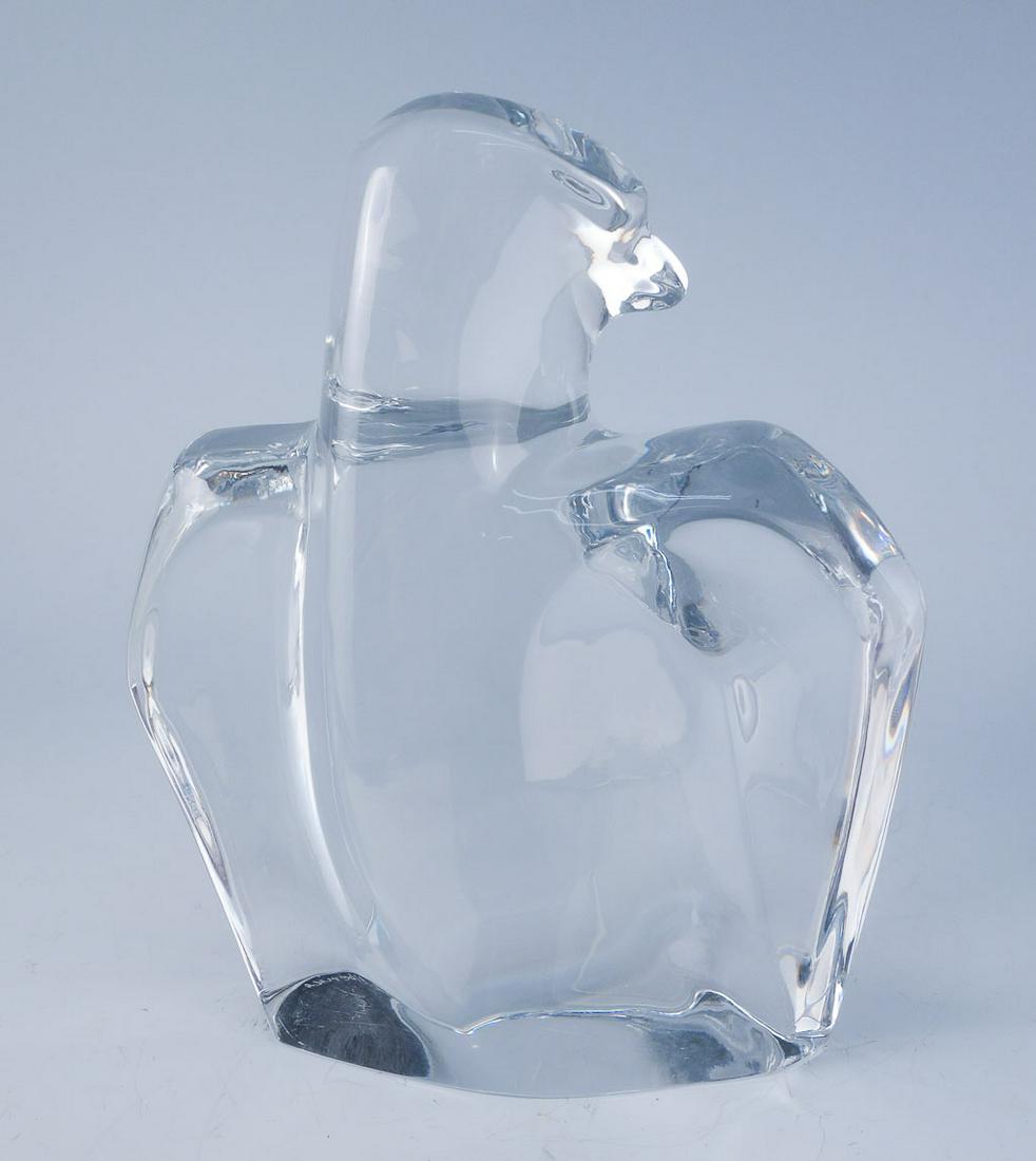 Signed Orrefors Crystal Art Glass Eagle Olle Alberius: Figural glass eagle. Underside etchings: "Orrefors A-4286-141 Olle Alberius". The eagle stands 7 1/2" tall and 6 1/2" wide. This item weighs 7 1/2 lbs.