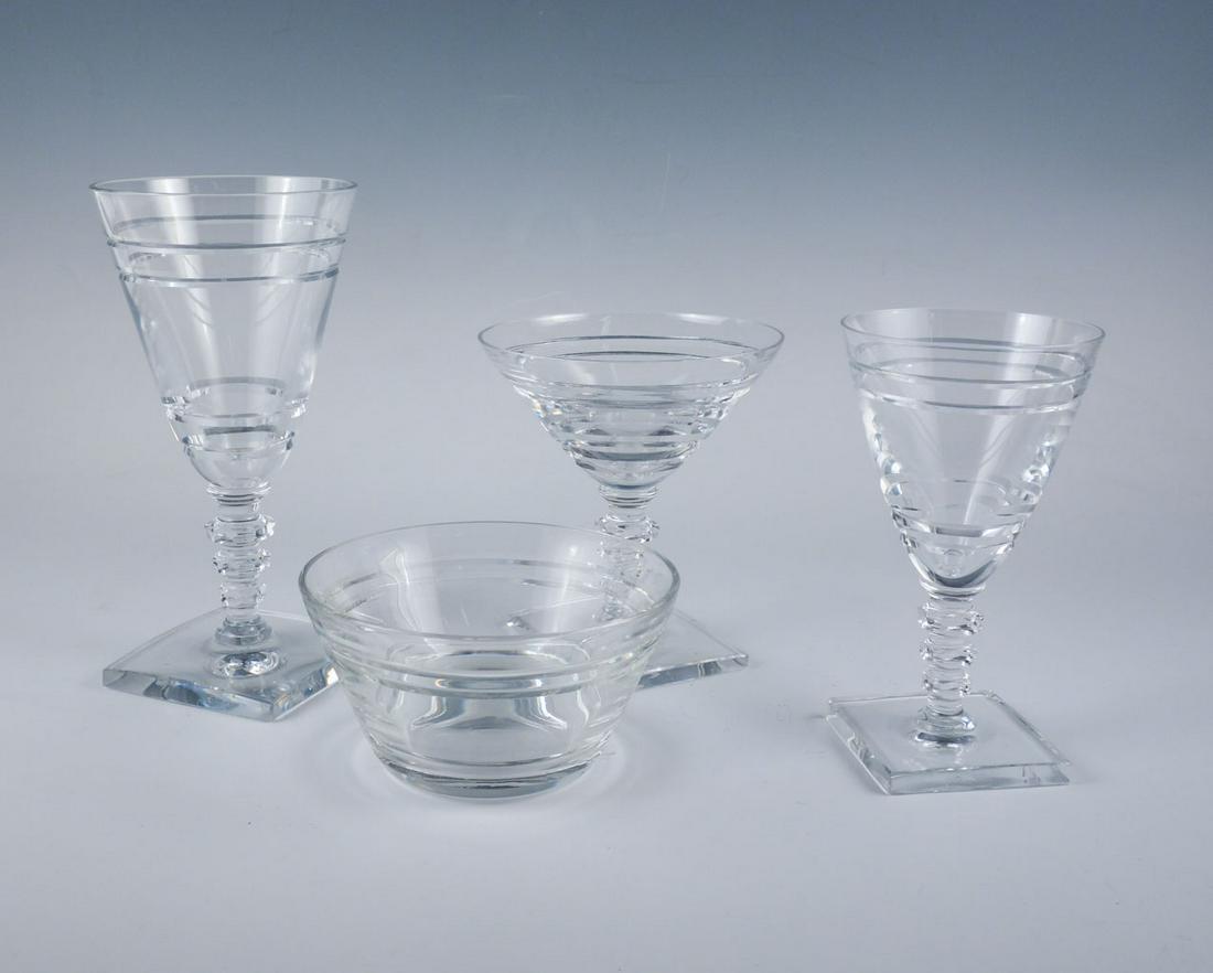 Hawkes Art Deco #7072 16 Piece Crystal Stemware & Bowls: This is an amazing Art Deco crystal stemware and bowl set from T.G. Hawkes & Company of Corning, New York in the early 20th century. The 16 piece set is decorated with four horizontal bands in the Haw