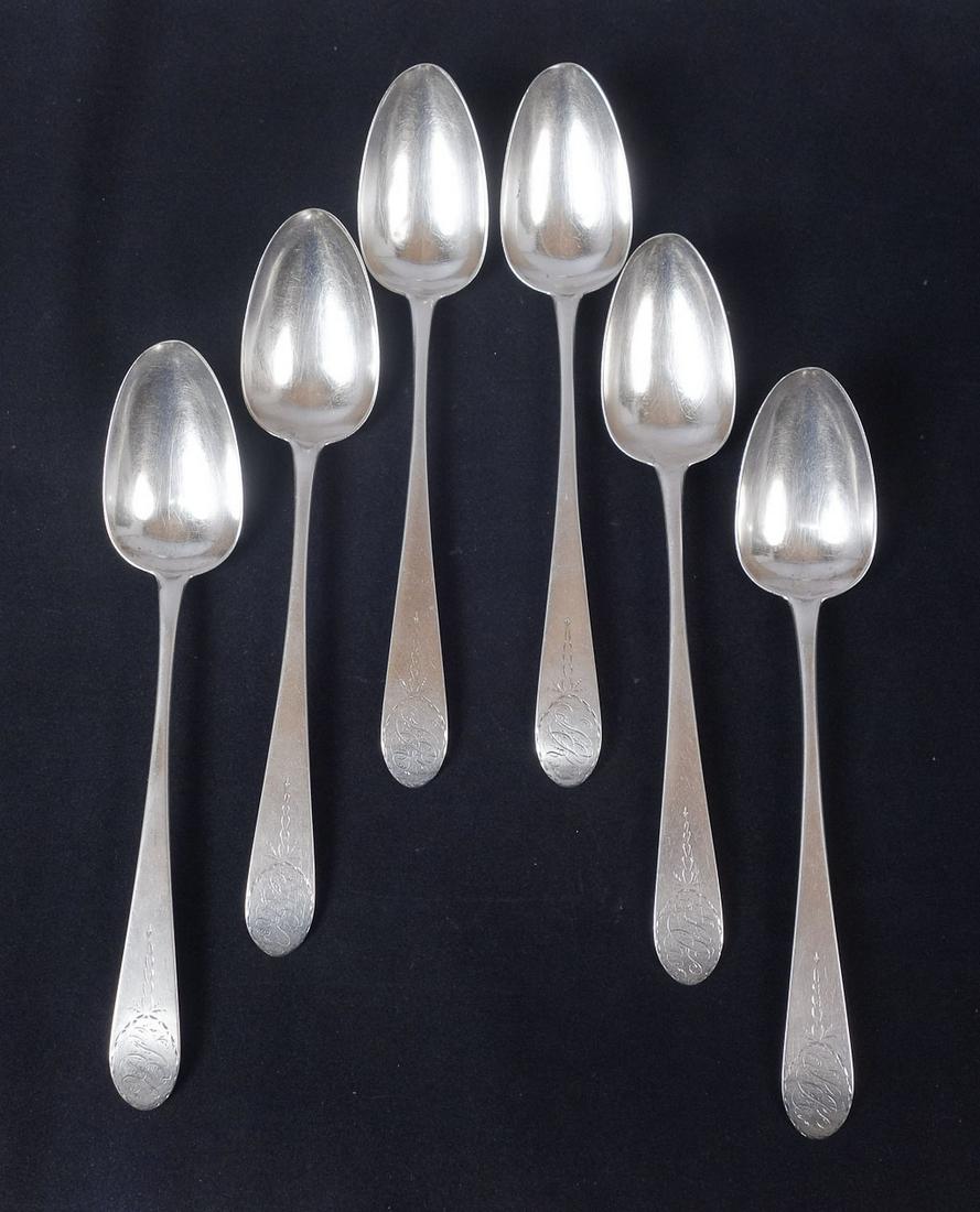 18c Set 6 John Vernon NYC American Coin Silver Spoons: This is a fine estate found antique set of six American coin silver spoons from John Vernon of New York City circa the late 18th century. Each is monogrammed for "SK" and fully hallmarked with pseudo