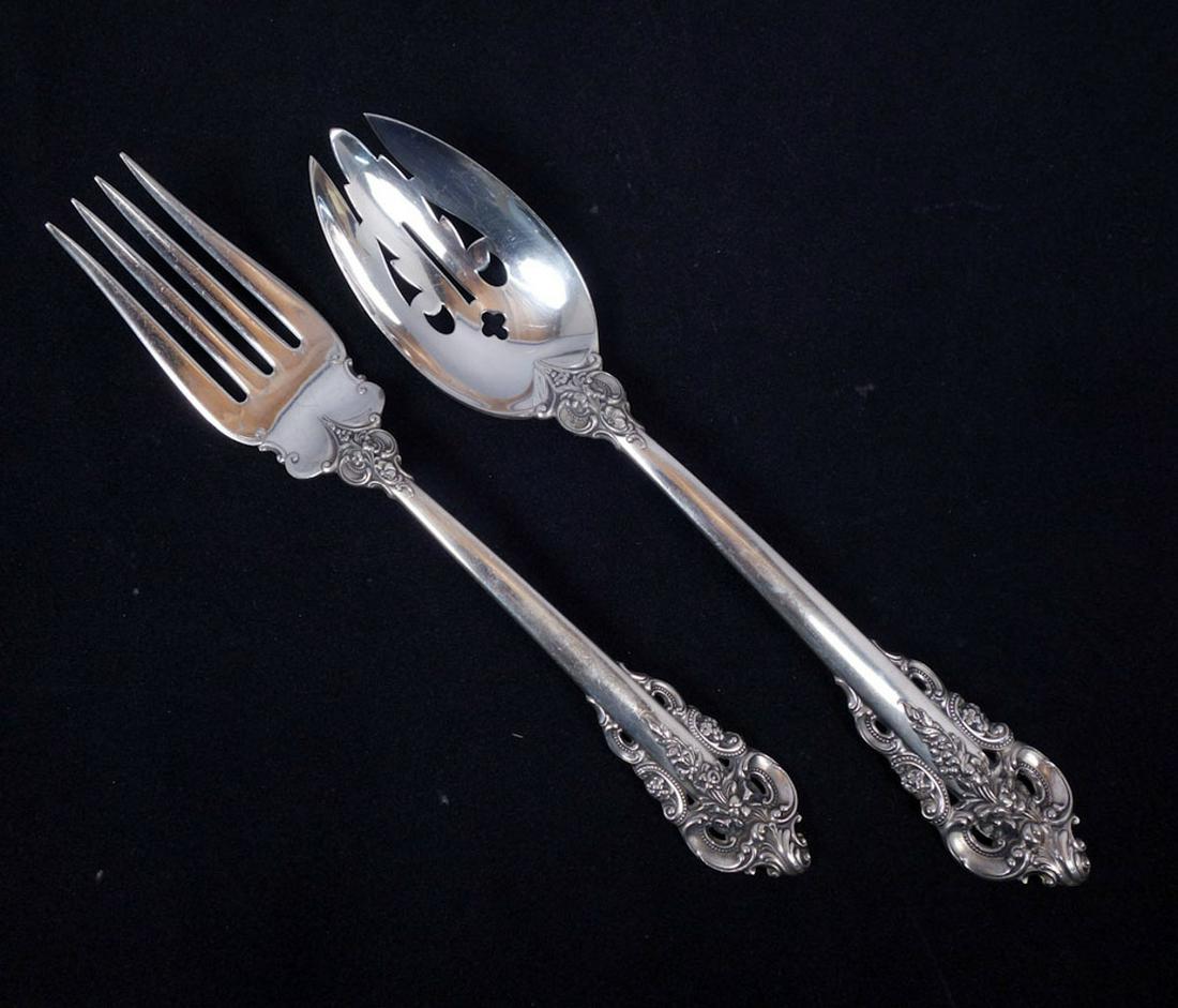 Vintage Sterling Wallace Grande Baroque Salad Set: This is a beautiful estate found serving set from R. Wallace & Sons of Wallingford, Connecticut dating the mid 20th century. Rendered in fine sterling silver, this set is decorated in the ornate Grand