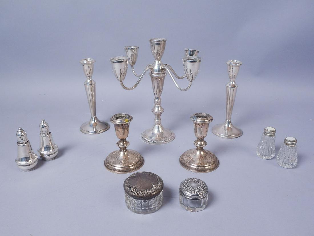 Vintage & Antique Weighted Sterling Silver Tableware 1: Vintage & antique weighted sterling silver tableware. The two tall candlesticks are stamped "Reed & Barton Sterling Weighted & Reinforced 124." The two short candlesticks are stamped "Towle Sterling 7