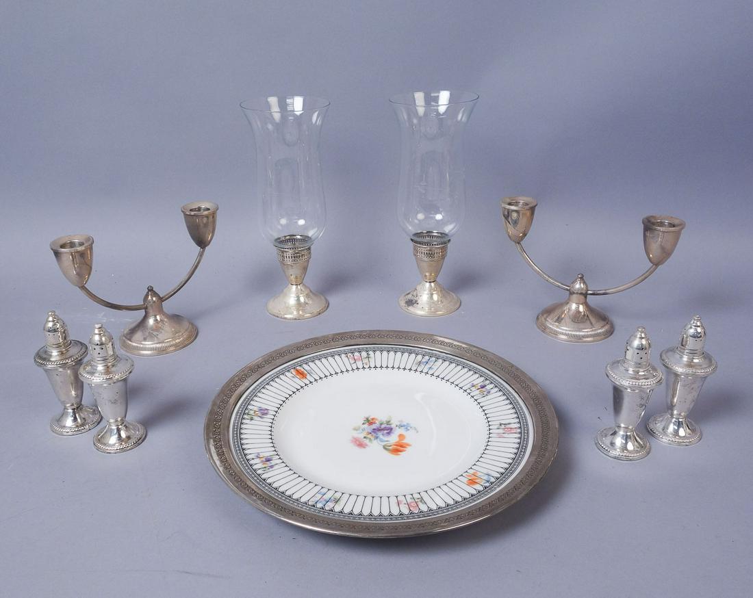 Vintage & Antique Weighted Sterling Silver Tableware 2: Vintage and antique silverplated tableware. The two candlesticks with etched glass chimneys are marked "Oughin Creations Sterling Weighted." The two double candlesticks are marked "Oughin Creations St