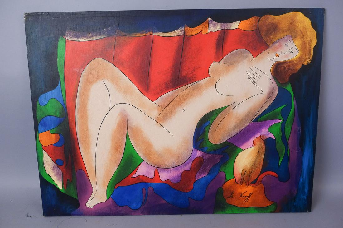 Linda Le Kinff Oil Painting Nude Odalisque w/Cat: Oil on board painting of a reclining nude woman, signed Le Kinff. Reverse is numbered "224328" in white. 34 1/4" x 25" x 1/2". This piece weighs 10 lbs.
