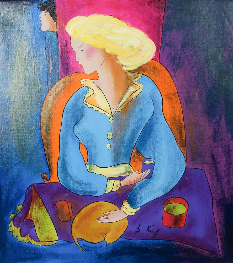 Signed Linda Le Kinff Oil Painting Woman w Tea & Cat: Oil on canvas painting of a reclining woman, signed Le Kinff. Reverse is marked "223235". 27 1/4" x 29 1/4". This piece weighs 3 lbs.