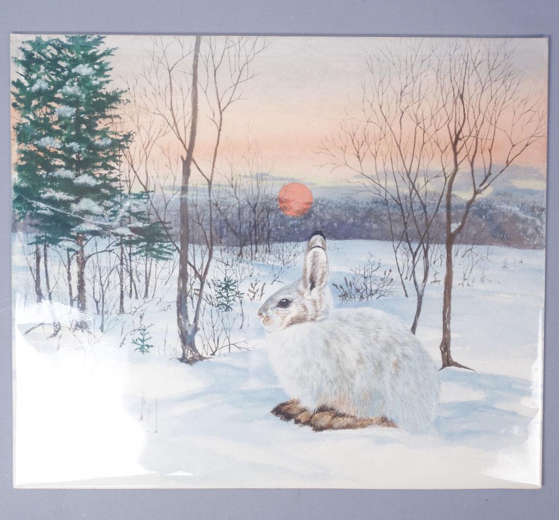 Signed Douglas Howland Watercolor Hare in Snowy Sunset: This is an original signed watercolor by Douglas Howland. Howland (1920-1999) was an American Postwar & Contemporary artist. He attended the Rochester Institute of Technology and graduated in 1941 wit