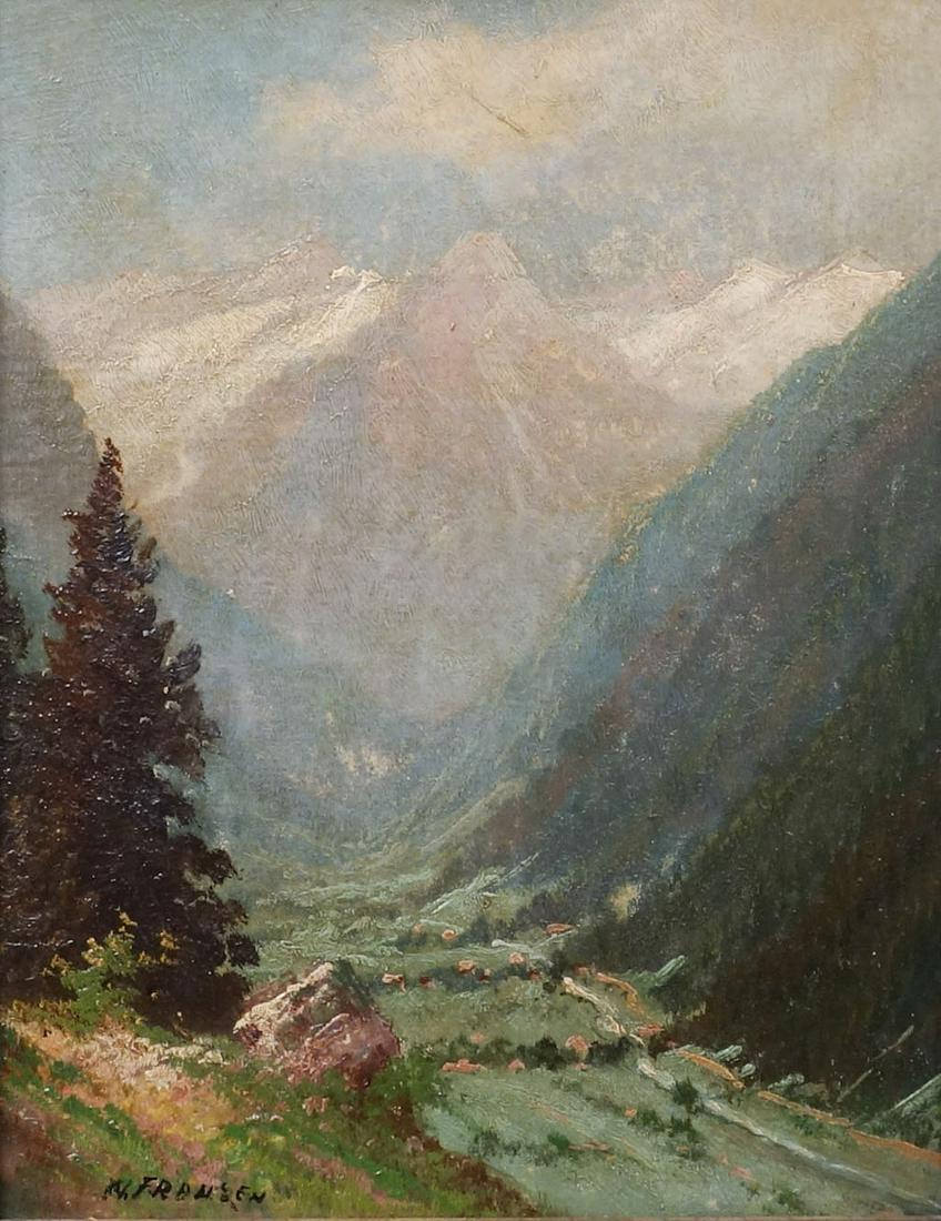 N. Fransen Oil Painting Mountain Valley Landscape: This is a charming estate found original oil painting signed N. Fransen. The striking landscape features a valley cutting through the foothills of snowy mountains. Budding flowers dot the green landsc