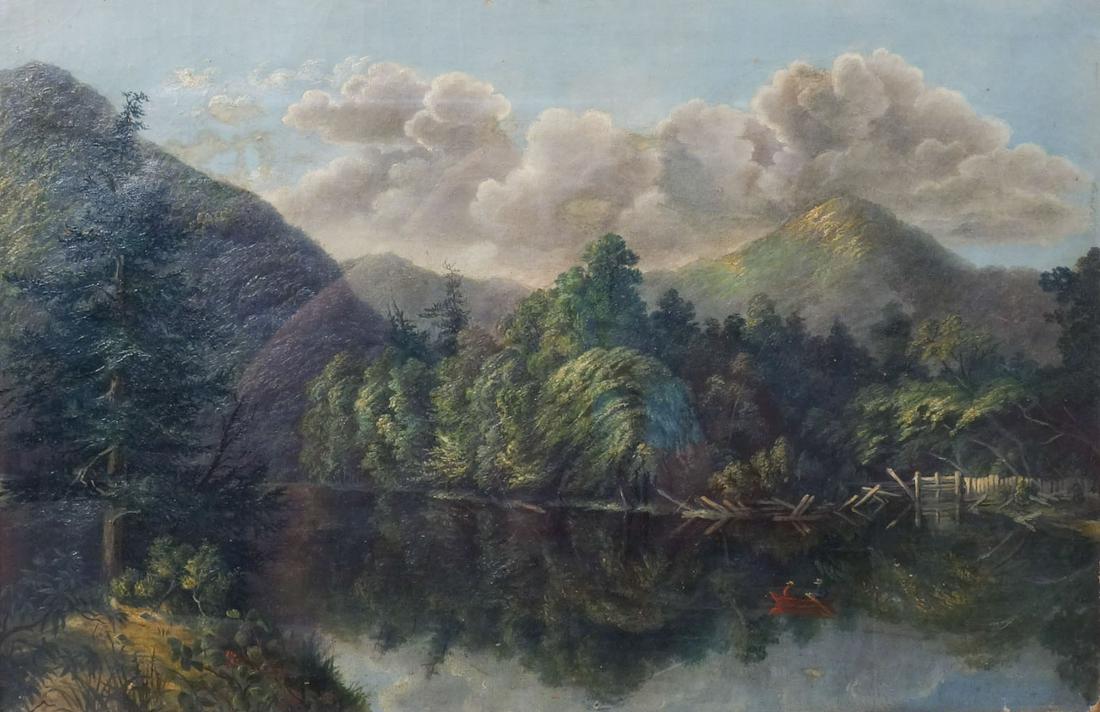 Original Oil Painting Mountain Lake Scene with Rowboat: This is a stunningly beautiful estate found original oil painting dating to the 19th century. The canvas features an amazing mountain lake scene with two folks in a red rowboat on the right side. Puff