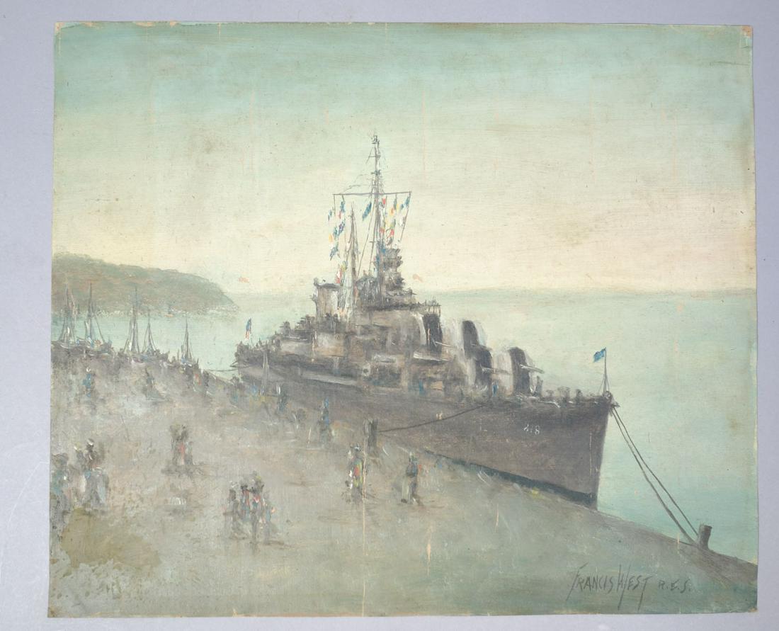 Francis West Destroyer At Dockside Oil on Canvas: This is a beautiful estate found in storage original oil painting on canvas by well-known artist, Francis West. This painting depicts a destroyer docked with people scattered around it. He lived in Ja