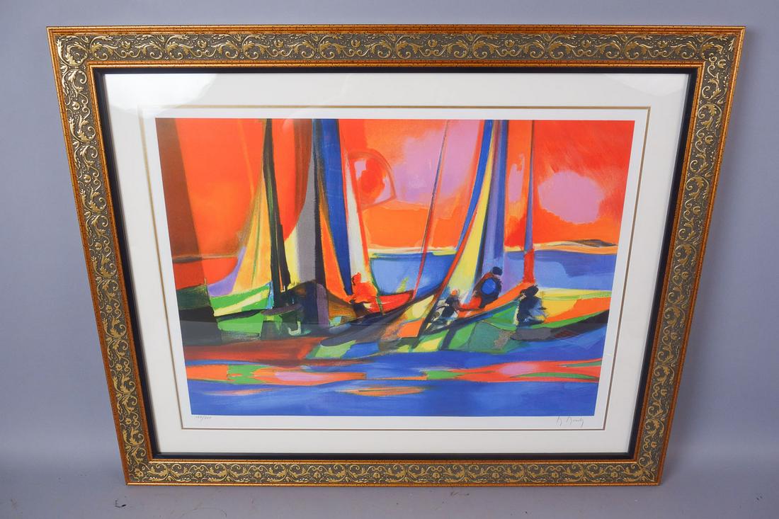 Large Marcel Mouly Signed Serigraph Sailboats #155/300: Large Marcel Mouly serigraph depicting sailboats, signed and numbered 155/300. Lithograph: 22" x 29 1/2" Frame: 31 1/2" x 39" x 1 1/2". This piece weighs 12 lbs.