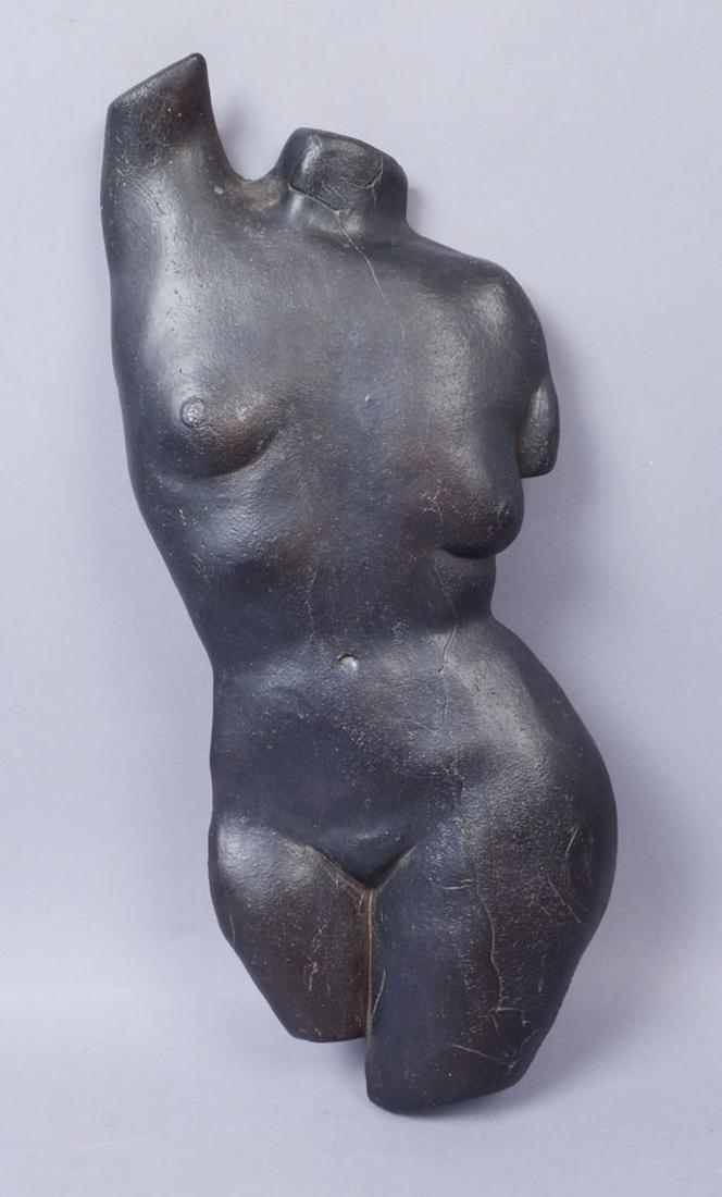 1991 Alice Manzi Nude Torso Pottery Sculpture: This is a beautiful and evocative sculpture torso by Upstate New York artist Alice Manzi. The nude torso highlights the elegance of the female form. It is signed by the artist and dated for 1991. 20 x