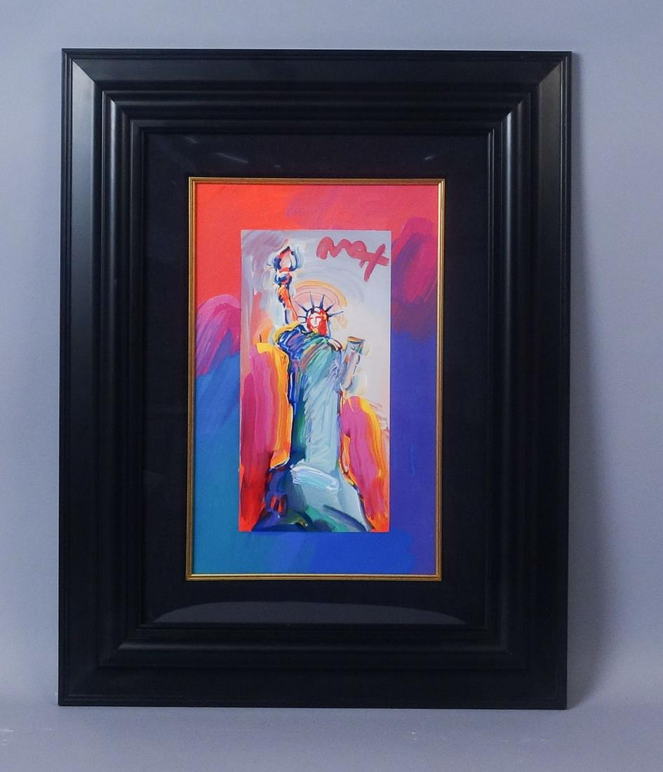 Peter Max Mixed Media Painting Statue of Liberty: Mixed-media painting by Peter Max. Painting: 9" x 15 1/4" Frame: 20" x 25 3/4" x 1 3/8". This piece weighs 7 lbs.
