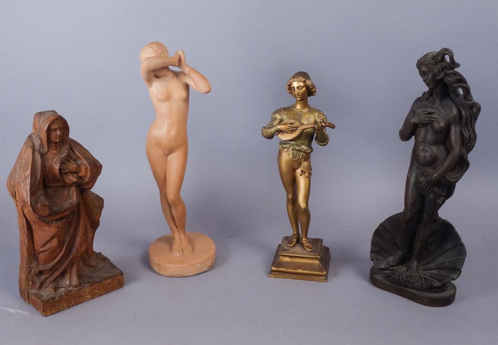 Estate Lot of Four Antique Statues: This is a lot of 4 statues of various materials. One wooden statue, one plaster statue, one cast resin statue, and one cast metal statue. Wooden statue: 12 1/2" tall Plaster statue:16"Resin statue: 16