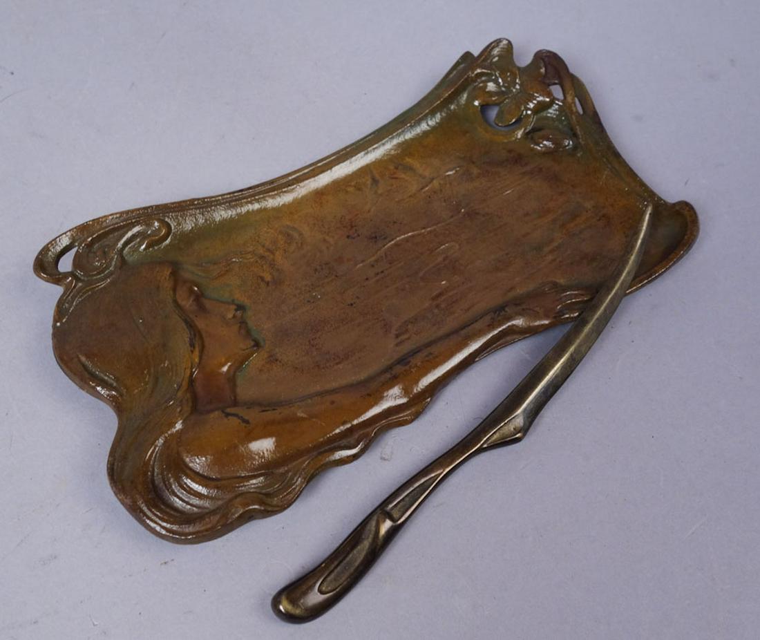 Bradley Hubbard Bronzed Art Nouveau Tray, Letter Opener: This is a charming estate found antique bronzed cast iron pen tray from Bradley & Hubbard of Meriden, Connecticut dating to around the turn of the century. The Art Nouveau tray features a maiden in la