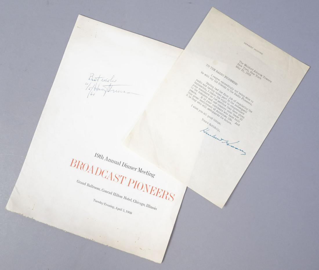 Radio Broadcast Pioneers Signed Papers Truman, Hoover: This is an estate found vintage lot of presidentially signed radio broadcast memorabilia dating to the 1950s/60s. The lot includes the following: Typed letter signed by President Herbert Hoover inscri