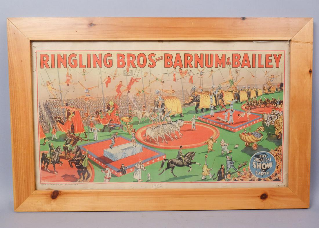 1945 Ringling Brothers Barnum & Bailey Circus Poster: This is a charming estate found vintage framed circus poster printed in the 1940s. The poster features a fun depiction of the Ringling Brothers and Barnum & Bailey circus in full swing. Known as the "