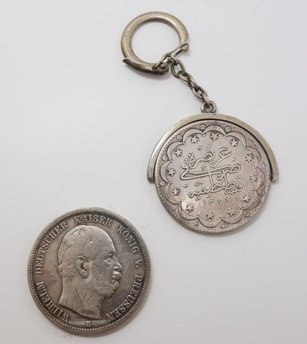 Turkish Silver Coin Keyring & Prussian Silver Mark 1875: Prussian silver mark dated 1875. The clasp on the Turkish coin keyring is stamped 800.