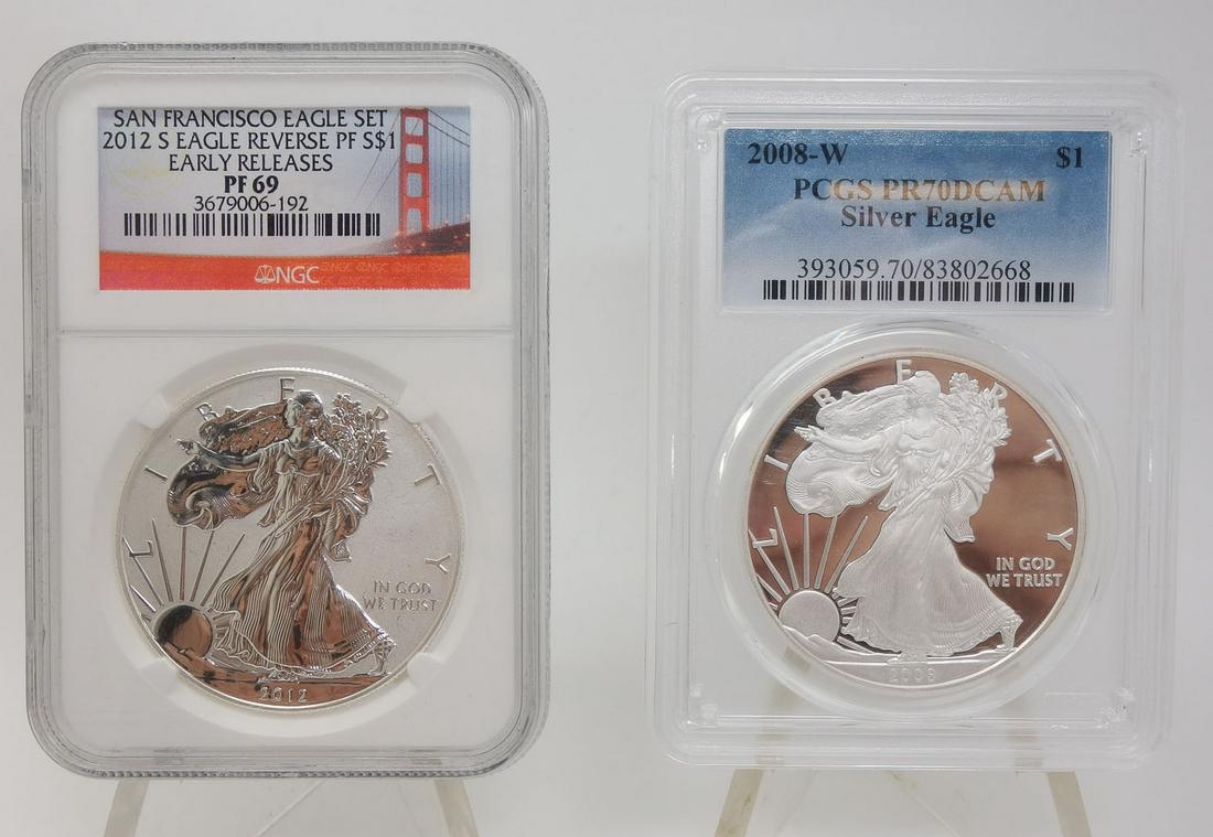 Certified NGC 2012 Eagle Set & PCGS 2008 Silver Eagle: Two proof 1oz Silver Eagle coins, dated 2008 and 2012. The 2012 San Francisco Eagle set is PF69. The 2008 Silver Eagle is PR70.
