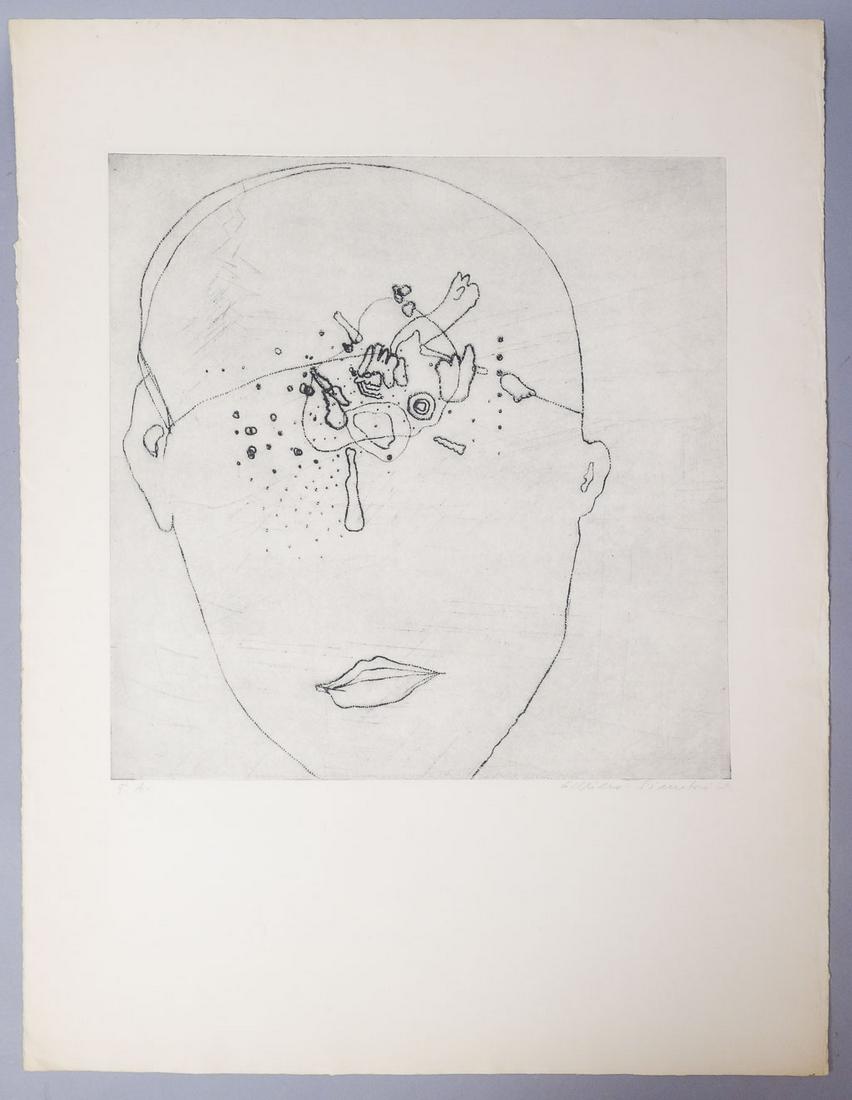 Adriena Simotova Signed Abstract Print 1969: Adriena Simotova signed abract print of a face dated 1969. Adriena Simotova (Czech, 1926-2014) Born in Prague, Simotova graduated from the Academy of Arts, Architecture, and Design in Prague. Througho