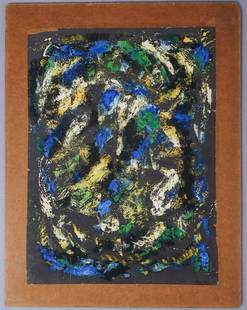 Modern Abstract Composition Oil Painting: Oil painting on paper on masonite board, apparently unsigned. Measurements: 15 1/2" x 20"