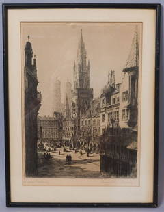 Paul Bach Signed Etching Marienplatz Munich: Paul Bach (1866-1919) signed etching of Marienplatz in Munich, Germany Measurements: Sight: 10 1/2" x 14 3/8" Frame: 13 3/8" x 17 7/8" x 1/2"