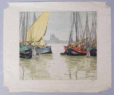 Hans Figura Colored Etching of Boats in Venice: Hans Figura (Austrian, 1898-1978) colored etching of boats in harbor outside of Venice, Italy Measurements: 8 3/4" x 10 3/8"