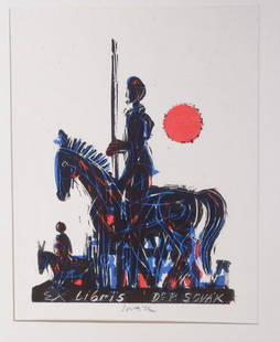 Pravoslav Sovak Signed Don Quixote Bookplate: Pravoslav Sovak signed Don Quixote Bookplate. Pravoslav Sovak (Czech, b. 1926) is a Czechoslovakian Postwar & Contemporary artist who was born in 1926. His work was featured in several exhibitions at