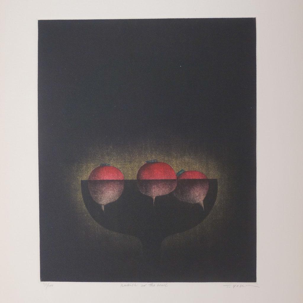 Tomoe Yokoi Signed Print "Radishes In The Bowl" 90/100: Tomoe Yokoi (b. 1942) signed Mezzotint titled "Radishes in the Bowl". Limited edition 90/100. Born in Nagoya, Japan, Yokoi studied art at Tokyo's Bunka-Gakuen University where the curriculum emphasize