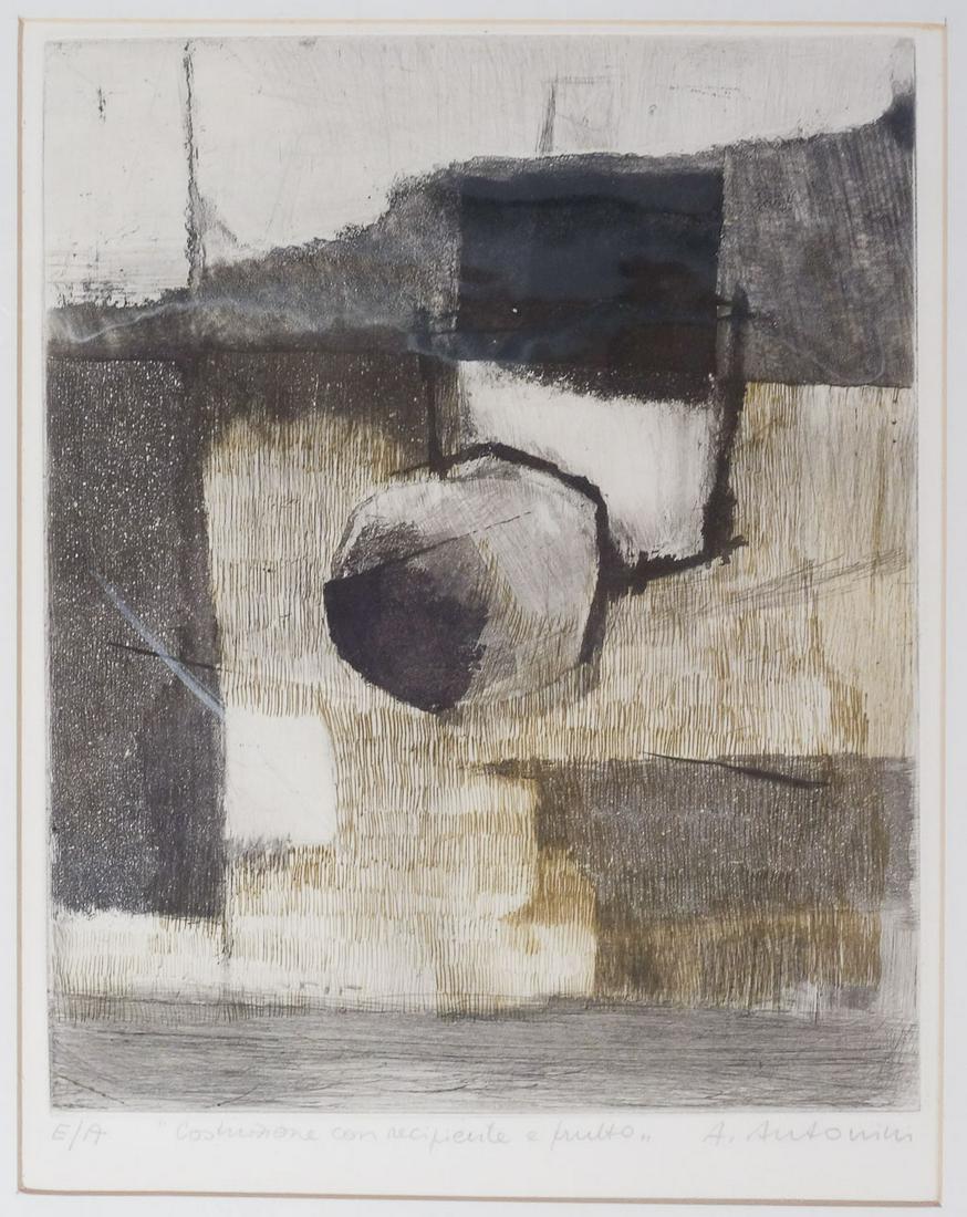 Annapia Antonini "Costruzione Con Recipiente E Frulto": Annapia Antonini (Swiss, 1942) signed aquitant secured under mat taped at edges Measurements: 18 3/8"x20 5/8"